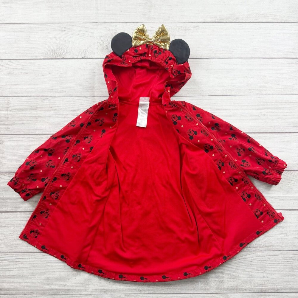 Disney Minnie Mouse Toddler Girls Red Hooded Raincoat Gold Bow Ears Jacket 3T - Picture 2 of 4